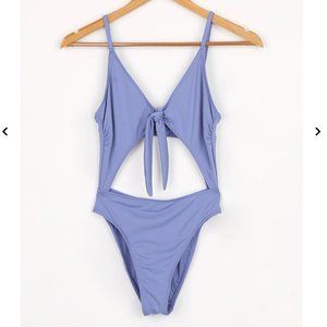 Lulus Dahlia Dusty Blue Tie-Front One-Piece Swimsuit with cutouts